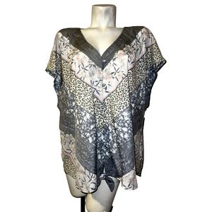 Hiatus Womens 2X Mixed Print Leopard Floral Tie Front V-Neck Short Sleeve Blouse